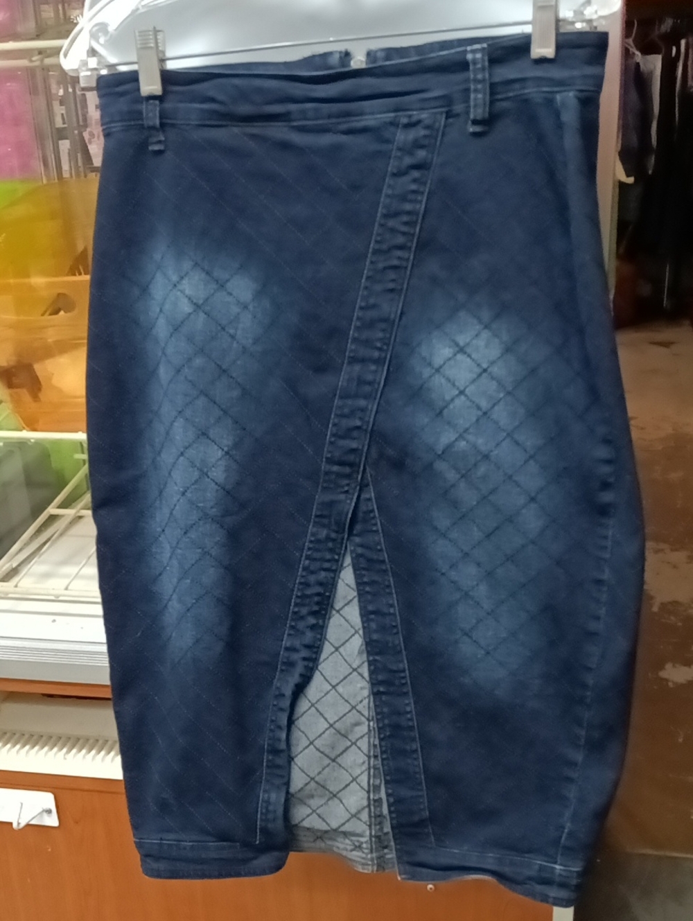 Quilted Dark Blue Denim Pencil Skirt with Front Split